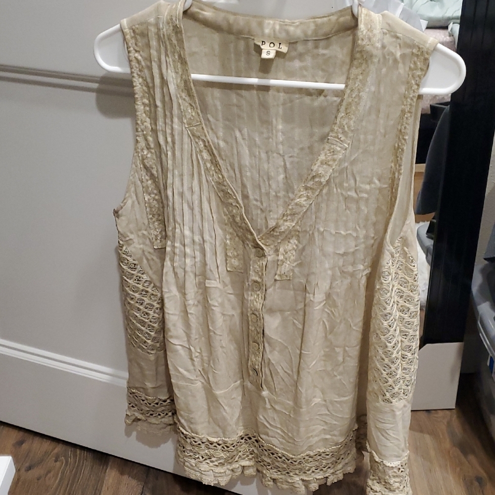 POL Women's Tan Lace Detail Blouse